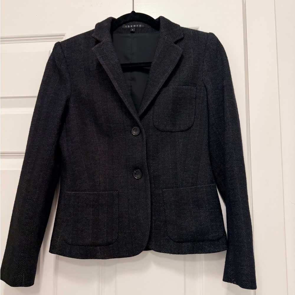 Theory black and gray herringbone wool blazer
